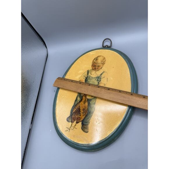 Vintage Oval Wall Art Plaque Child Feeding Chicken Farm Scene One of a Kind - Picture 4 of 4